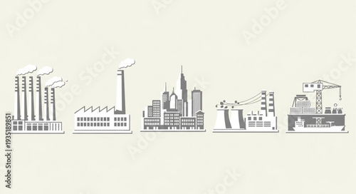 Industrial factory skyline silhouette with smoke stacks.