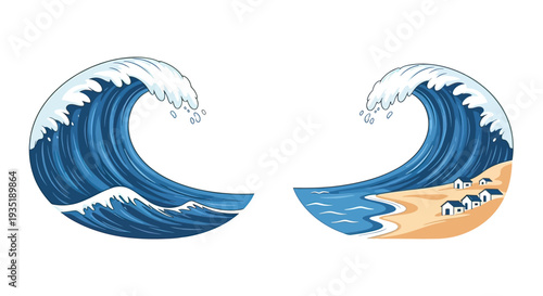 Blue Ocean Waves Breaking on Shore.