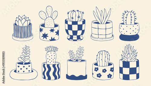Hand drawn cactus and succulent plants in patterned pots in minimalist blue line style. Trendy botanical vector set ideal for home decor, packaging, branding and modern interior design