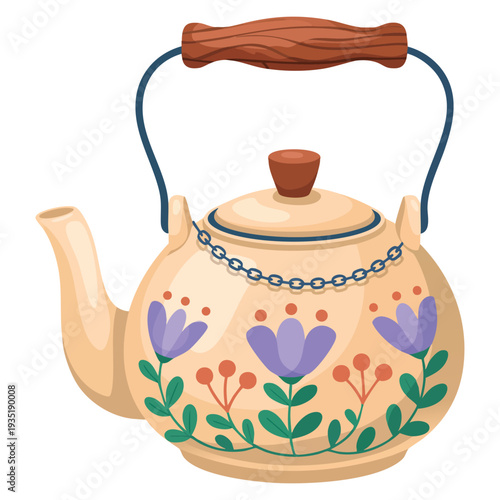 Flat style teapot with floral patterns wooden handle decorative flowers and curved spout cartoon vector illustration ideal for kitchen themed designs