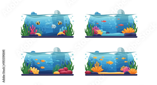 Colorful Cartoon Fish Tanks with Decorations.