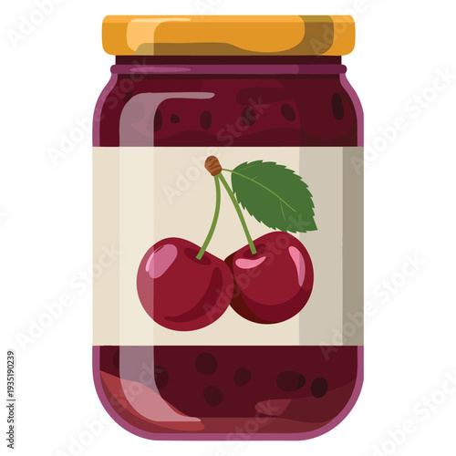 Flat vector glass jar of preserved cherry jam isolated on white background harvesting homemade product perfect for food and cooking design