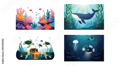 Underwater Scene with Marine Life and Treasures.