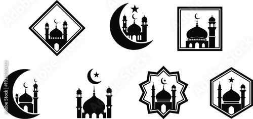 Collection of black mosque silhouettes with crescent moon and star icons in geometric frames for Ramadan Kareem and Eid Mubarak designs