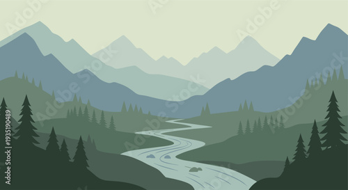 A minimalist vector landscape illustration showing a tranquil mountain range with a flowing river through a dense forest, rendered in muted green and blue tones, evoking peace and nature.