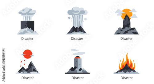 Volcano Eruption Disaster Icons Set Illustration.