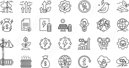 Renewable energy and sustainability outline icon set with solar wind eco power climate symbols vector collection