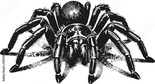 detailed black and white illustration of a tarantula spider with realistic shading and texture