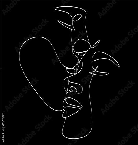 Couple faces drawing one line. Couple kissing, creative modern abstract drawing. Woman and man, modern vector minimalist design for wall art, print, postcard, poster.