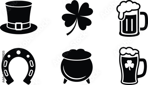 Vector st patrick's day symbols shamrock leprechaun hat beer horseshoe pot of gold