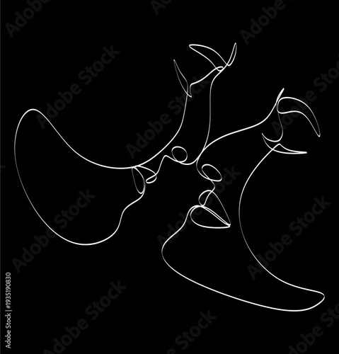 Couple faces drawing one line. Couple kissing, creative modern abstract drawing. Woman and man, modern vector minimalist design for wall art, print, postcard, poster.