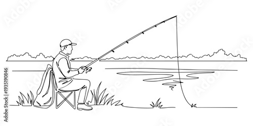 Continuous one line of a person fishing on the edge of a lake, depicting the calm and patient hobby of fishing, drawn illustration.