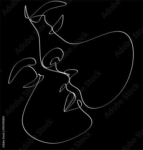 Couple faces drawing one line. Couple kissing, creative modern abstract drawing. Woman and man, modern vector minimalist design for wall art, print, postcard, poster.
