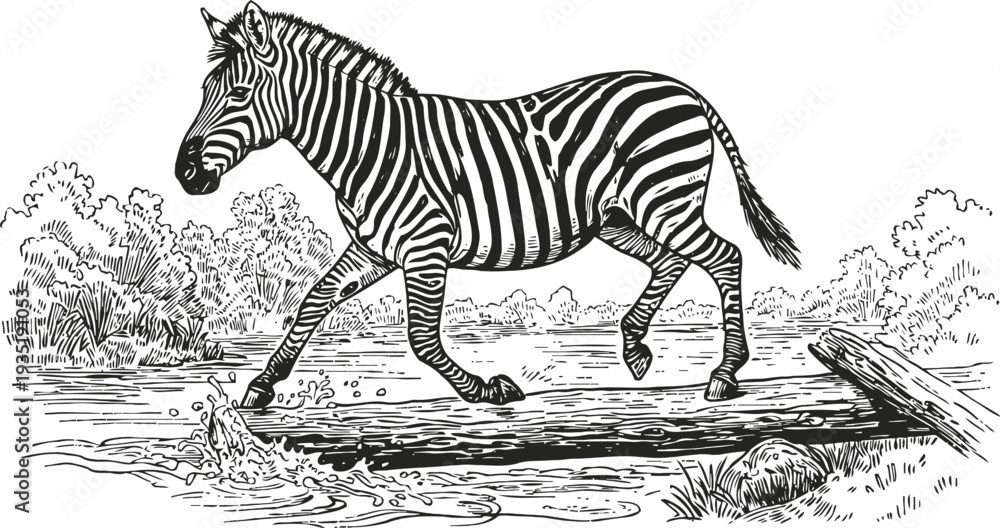 Fototapeta premium Zebra crossing shallow river on log with natural landscape in black and white line art