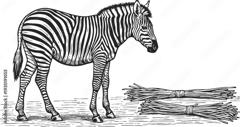 Naklejka premium Detailed black and white illustration of a standing zebra beside bundles of sticks on the ground