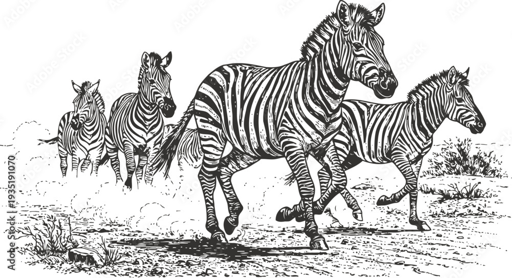 Naklejka premium running zebras in the wild african savannah group of striped wild horses galloping with dust and bushes