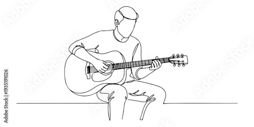 Continuous one line of a man is strumming an acoustic guitar while sitting relaxed, depicting his personal hobby of playing music, depicting a deep hobby of painting, drawn illustration.