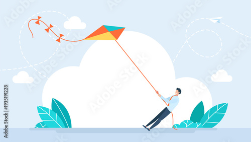 Ambitious businessman pulling a colorful kite in the sky, representing leadership, success, and goal achievement in business. Flat style character with paper plane and leaves. Vector illustration.