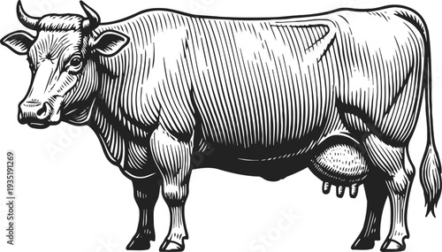 Black and white engraved cow illustration standing side view with detailed lines and fur texture