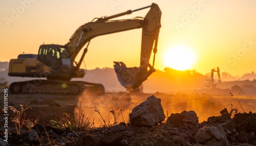 Construction Site Excavator at Sunrise or Sunset Industry Landscape Yellow Vehicle.
