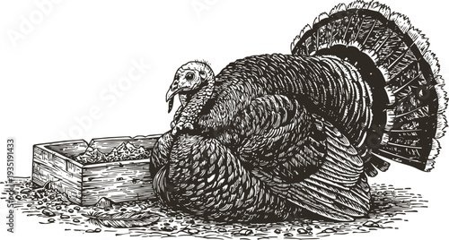 Illustration of a turkey sitting on the ground near a wooden feeding trough with scattered food