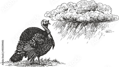 Vintage illustration of a turkey standing on grass near a rain cloud with lightning bolts