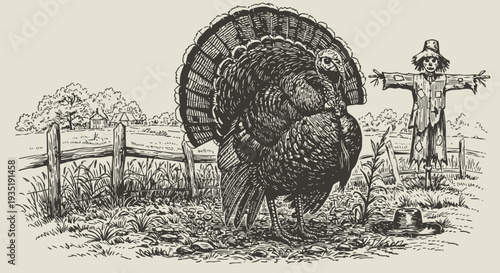 wild turkey standing in a rural field near a scarecrow on a farm landscape vintage illustration