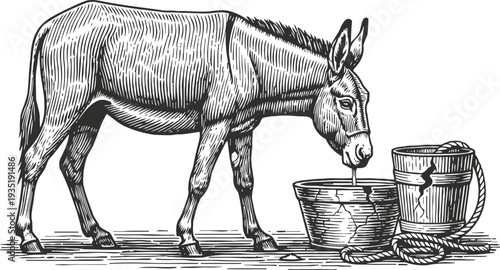 Donkey drinking water from wooden bucket with rope, rustic farm animal sketch