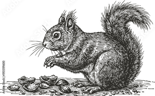 black and white detailed illustration of squirrel eating nuts with textured fur and bushy tail