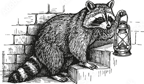 Black and white illustration of raccoon holding lantern on stone steps near brick wall