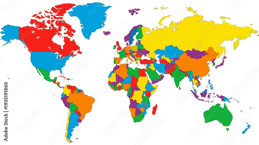 Obraz premium Vibrant Political World Map Displaying Nations with Bright, Contrasting Colors and Clearly Defined Borders