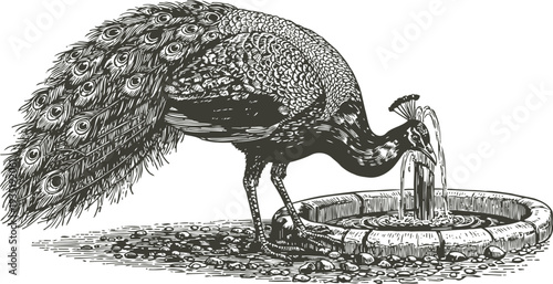 detailed vintage engraving of peacock drinking from a stone water fountain