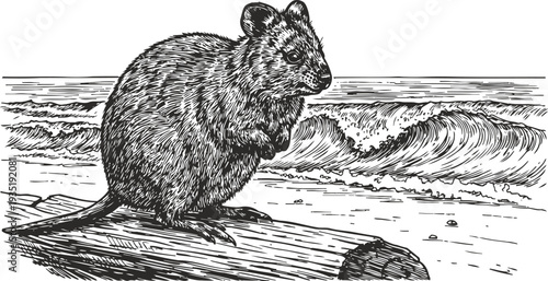 wombat sitting on driftwood near ocean shore with waves in background, wildlife nature illustration