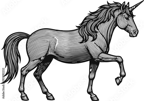 Vintage unicorn illustration with ornate line art, mythical horse standing on one hoof