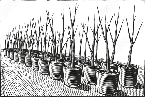 Row of leafless potted trees lined up indoors in black and white woodcut illustration