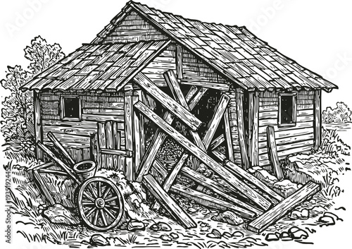 Old broken wooden barn with collapsed entrance and rustic cart in countryside setting black and white sketch