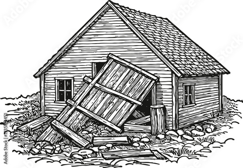 abandoned wooden house with collapsed door and broken fence in rural landscape