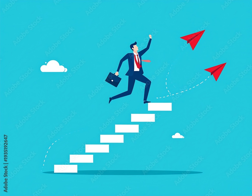 Obraz premium Cartoon illustration of a businessman climbing stairs with paper airplanes
