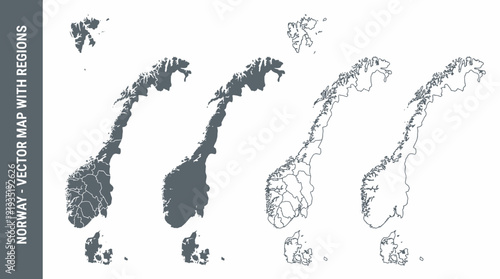 Norway Vector Map with Regions & Counties - Editable Outline & Solid Fill. Detailed Scandinavian Country Administrative Divisions Geography Template.