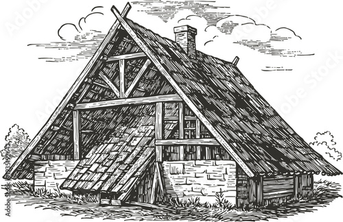 Rustic wooden cabin with thatched roof surrounded by grass and cloudy sky vintage sketch