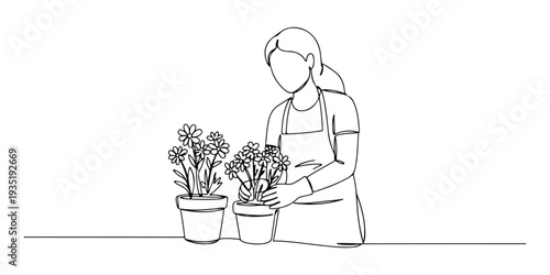 Continuous one line of a woman is planting flowers in a pot, depicting a hobby of growing ornamental plants, drawn illustration.