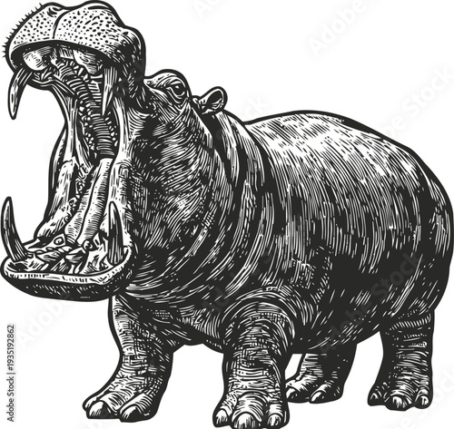 Roaring hippopotamus side view wild animal with open mouth showing teeth and tongue in engraving