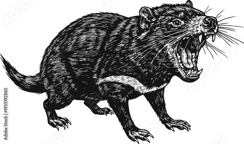 Roaring tasmanian devil illustration, wild carnivorous marsupial with bared teeth, aggressive animal drawing
