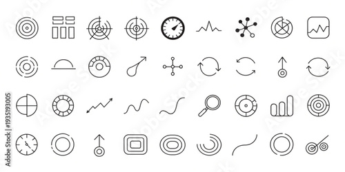 Collection of Line Art Icons Representing Data, Analytics, and Business Concepts