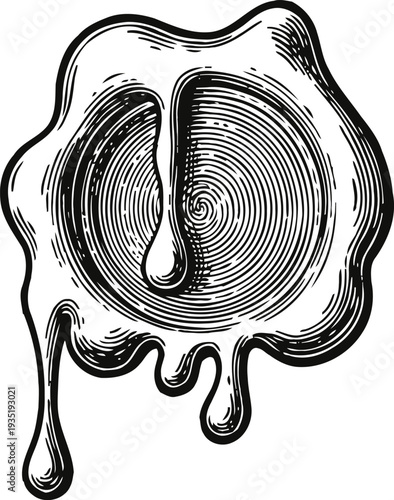 Melting wax seal with drip drops vintage hand drawn circle stamp design element