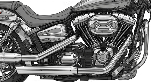 Close up detail of a powerful chrome motorcycle engine and exhaust pipes.