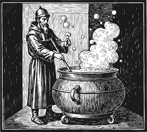 Medieval alchemist stirring a bubbling cauldron with smoke and bubbles, vintage woodcut
