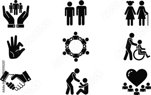 Comprehensive set of black flat vector icons representing community support, social responsibility, humanitarian aid, disability care, volunteer teamwork, elderly assistance, diversity, inclusion, and