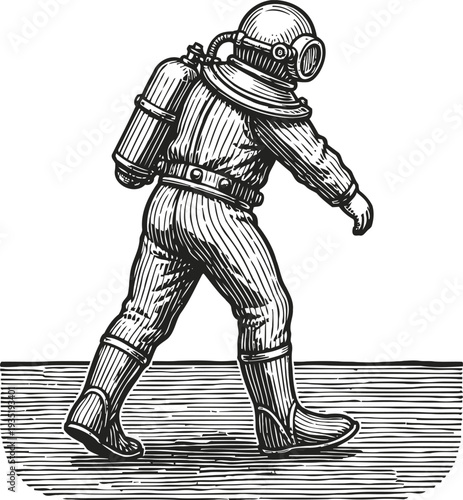 Vintage deep sea diver walking in classic heavy diving suit with helmet and oxygen tank
