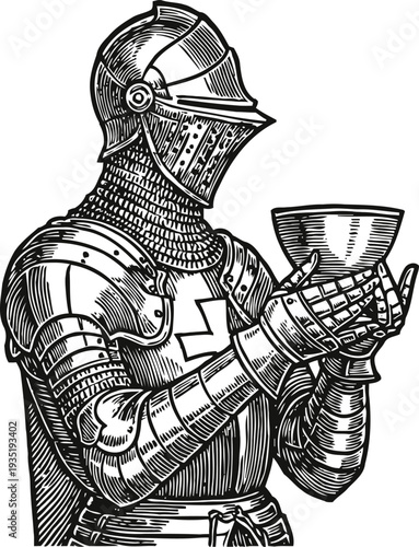 Medieval knight in full armor holding a chalice, vintage engraved illustration of crusader